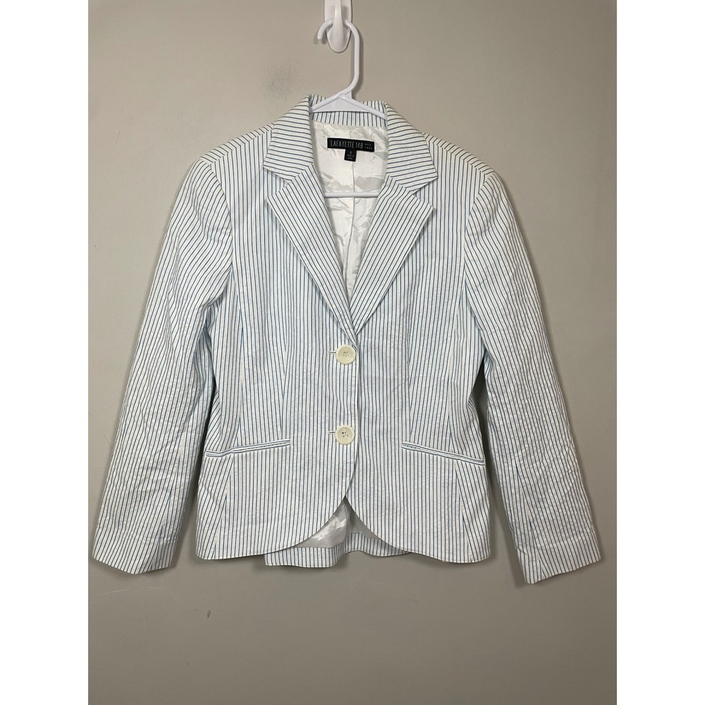 Lafayette 148 Blue and White Pinstripe Cotton Blazer Size 8 Coastal Old Money